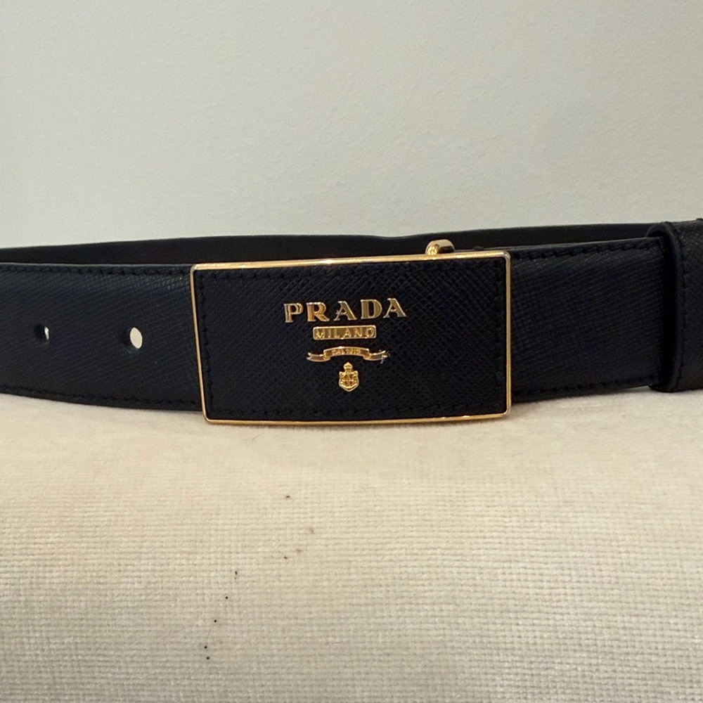Prada Black Leather Belt with Gold Logo Plaque - Picture 2 of 3
